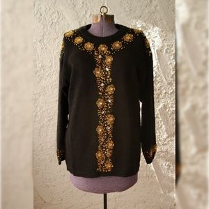 Vintage 80s Beaded Flowers Knit Casino Sweater | Floral | Gold Small Medium
